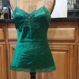 Green Satin Camisole with Lace Trim Bodice And Hem. Med